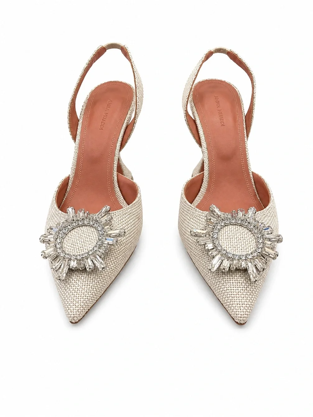 Amina Muaddi Begum Slingback Pumps Crystal Beige Linen Fabric Heels EU 41 US 11